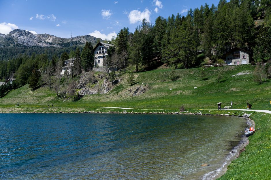 A rural landscape featuring several white houses with dark roofs situated at the base of towering, rugged limestone mountains with patches of green vegetation, including trees and grass, under a clear blue sky with a few wispy clouds, illuminated by bright sunlight, illustrating a peaceful countryside scene associated with domestic and outdoor cleaning environments. This image reflects the natural setting often encountered during outdoor maintenance and surface cleaning activities, aligning with the themes of hygiene and environmental care promoted by Carpet Cleaning Swiss Cottage, as seen on their website offering same day quotes and prices for cleaning services.